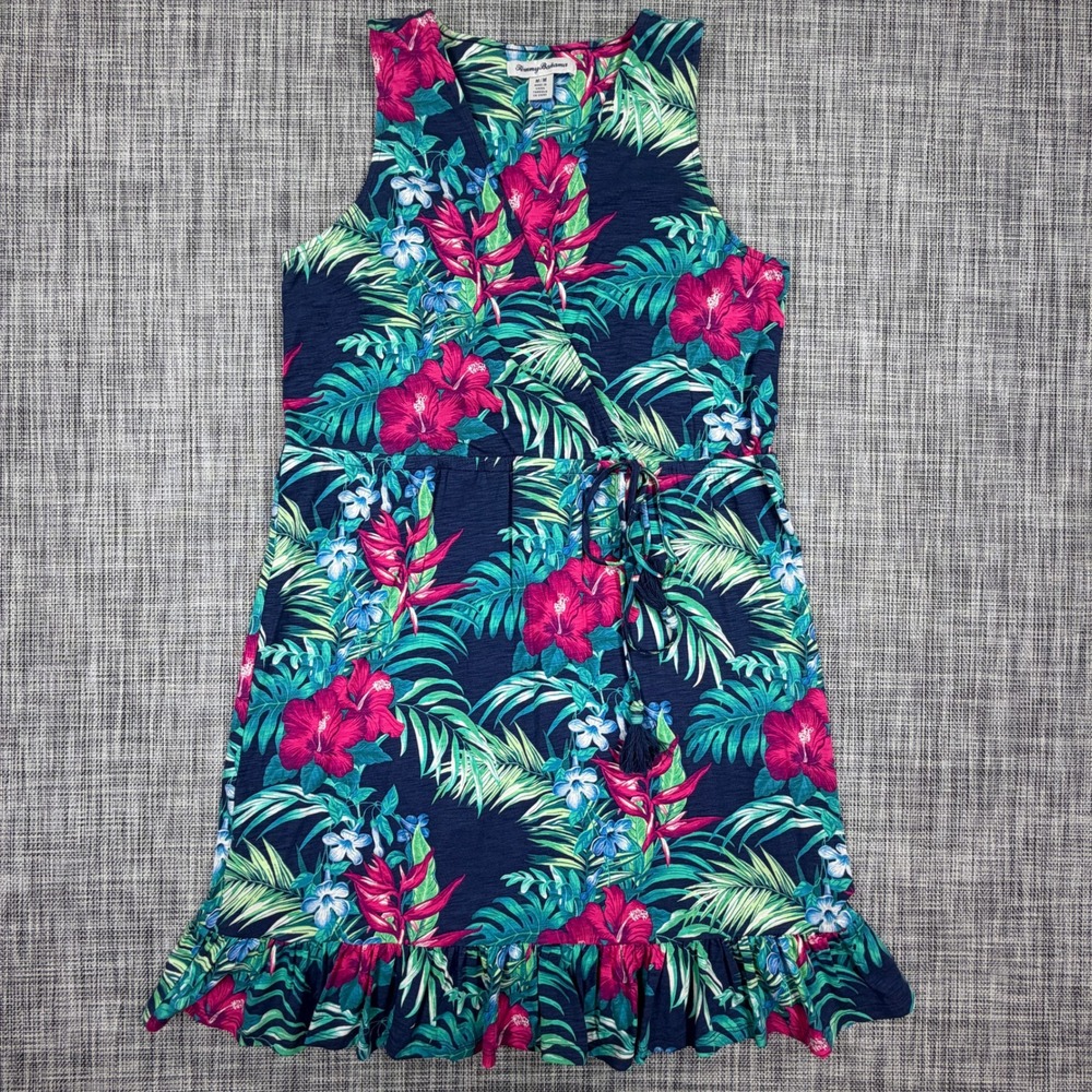 Tommy Bahama Womens M Navy Tropical Floral Sleeveless Tie Front Ruffle Dress